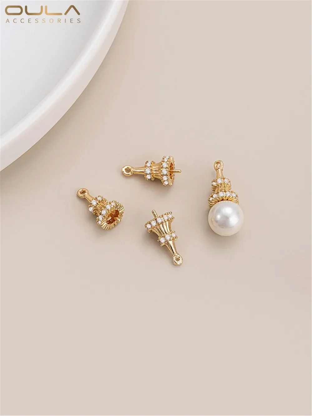 

14K Gold-Color Plated Inlaid Zircon Horn Crown Half Hole Pearl Holder Crystal Pearl Buckle Diy Jewelry Accessories