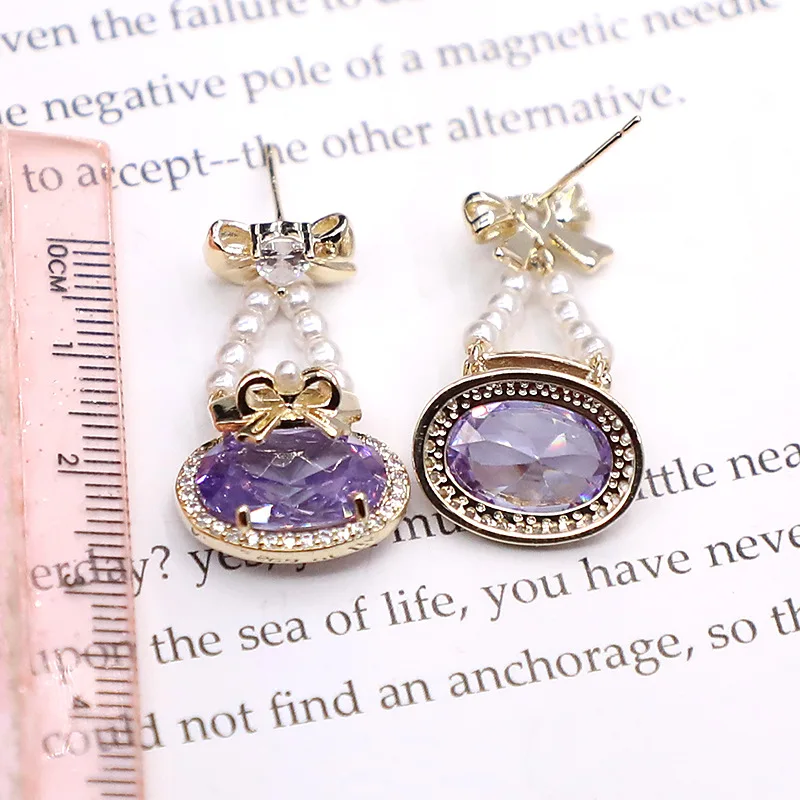 Bilincolor Bowknot Purple Oval Crystal Earrings for Women