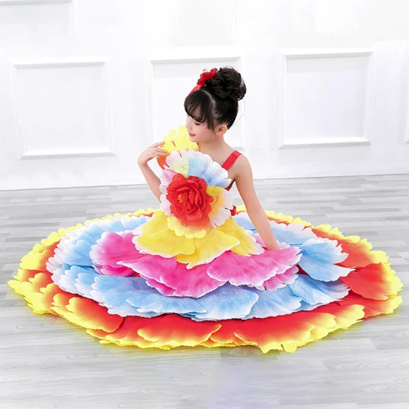 여자 플라멩코 스페인 집시 댄스 복장 어린이 꽃잎 프릴 대형 스윙 스커트 오프닝 공연 무대 의상