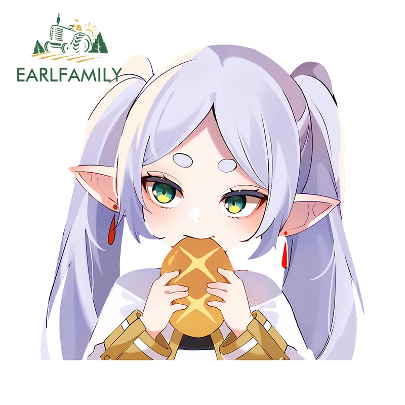 EARLFAMILY 13cm x 12.7cm Chibi Frieren Car Stickers Kawaii Anime Eating Bread Vinyl Loli Waterproof Decal Windows Cute Decor
