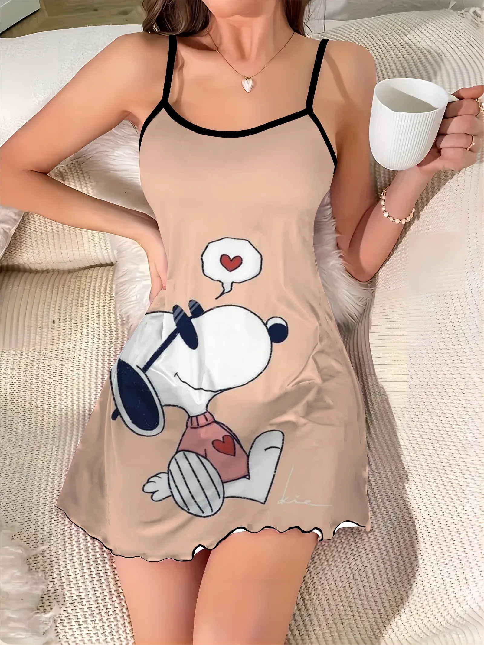 

Snoopy Elegant Dresses for Women Satin Dress Crew Neck Lettuce Trim Fashion Summer 2024 Chic Mini Sexy Trim Neck Slip Dress Home