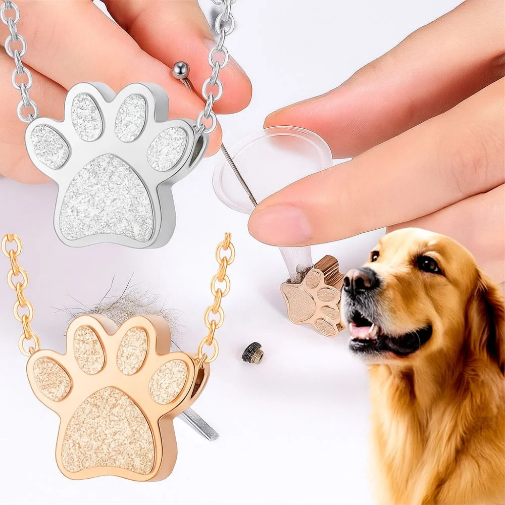 

Stainless Steel Pet Paw Print Urn Necklace Mini Waterproof Pet Ashes Memorial Jewelry Cute Dustproof Pet Teeth Hair Box