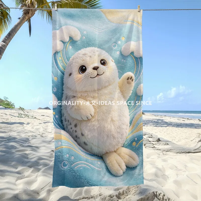 Cute Seal Wave Beach Towel Patterned Sunscreen And Windproof Suitable For Swimming Pool Camping Travel