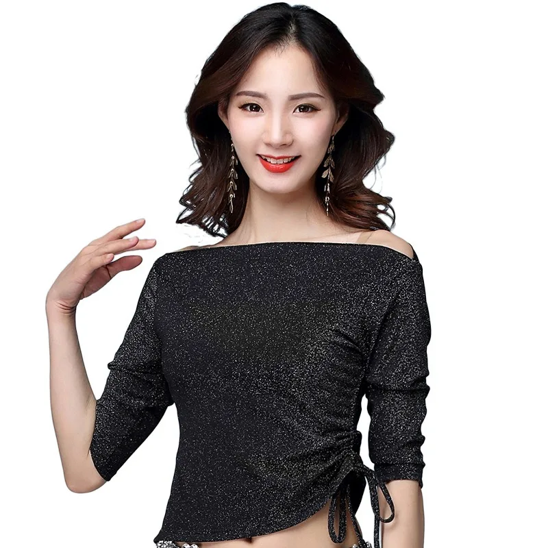 맞춤형 새로운 밸리 댄스 의상 연습 의류 실버 메쉬 사이드 드로우 스트링 탑 초보자를위한 연습 의류 성인용