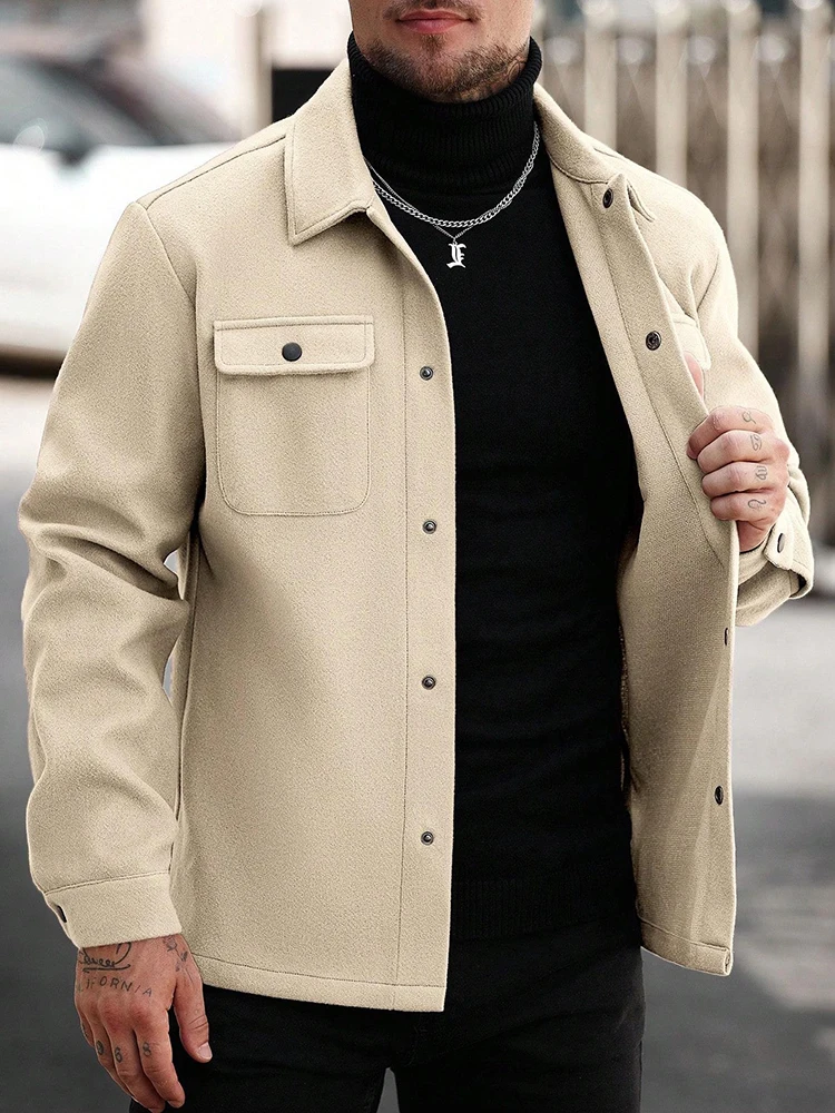 Streetwear Vintage Mens Solid Color Outerwear 2026 Fall Winter Casual Button-up Lapel Woolen Jackets For Men Fashion Cargo Coats