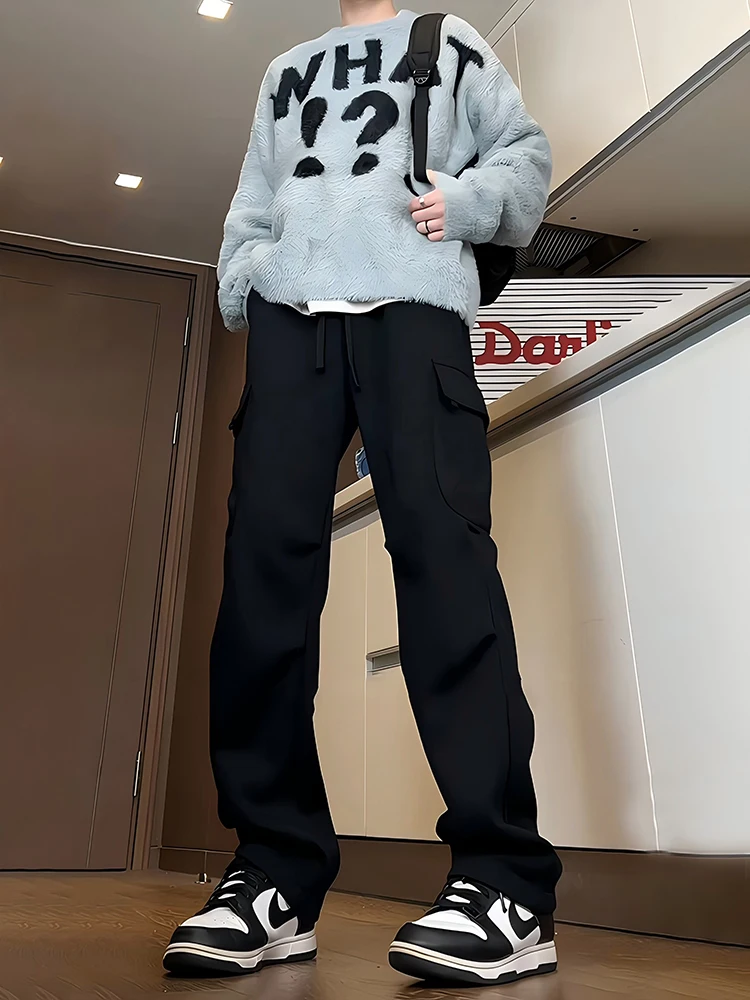

Bla Pleated Thiened Work Pants Men's Autumn Winter American Straight Leg Wide Leg Pants Northeast Fce Lined Sweatpants