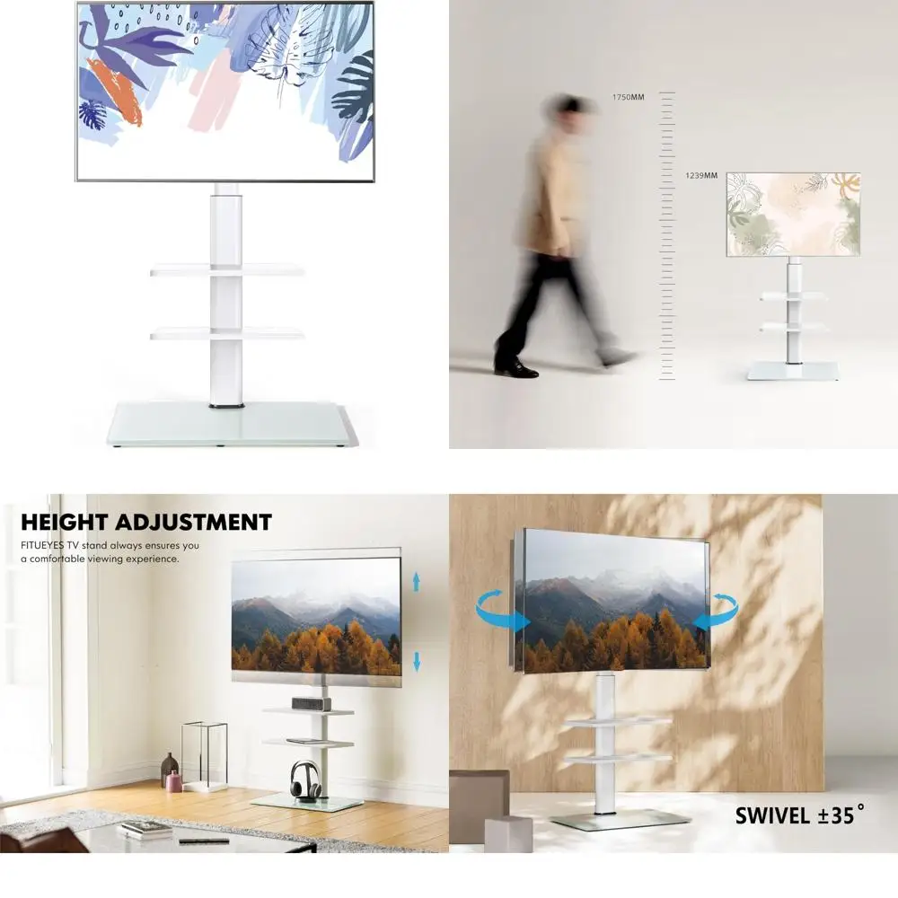 Universal Swivel TV Floor Stand for 32-60 Inch TVs, Holds Up to 66lbs, White Glass Base
