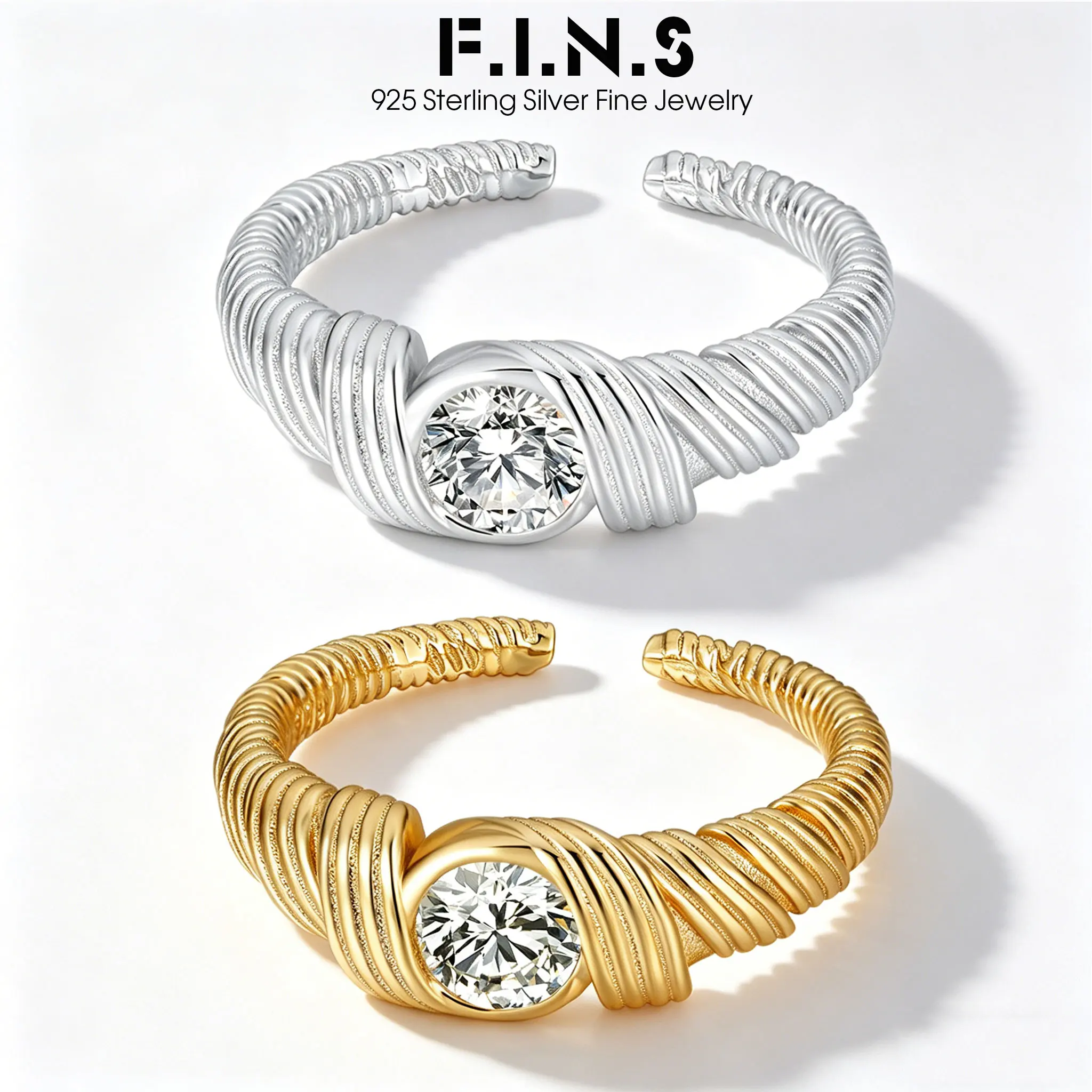 

F.I.N.S Twisted Strands S95 Sterling Silver Ring Open Zirconia Ring Minimalist Adjustable Index Mid Finger Party Fine Jewelry