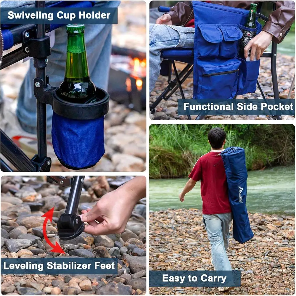 Sedie da campeggio pieghevoli durevoli da 500 libbre con braccioli, portabicchieri e tasche laterali per avventure all'aria aperta