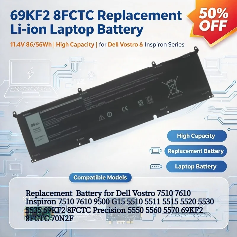 69KF2 8FCTC 11.4V 86Wh/56Wh High Capacity Replacement Laptop Battery for Dell Vostro 7510 7610 Inspiron 7510 7610 9500
