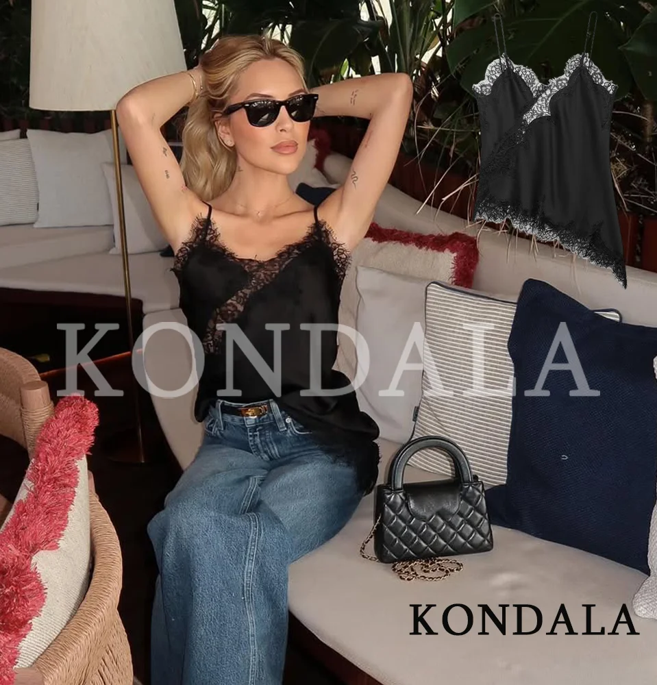 KONDALA Blusas Femininas Modernas de Renda com Alças, Novidade 2026, Blusas Sensuais de Cetim com Alças para Festas de Verão, Moda Feminina para Praia e Férias