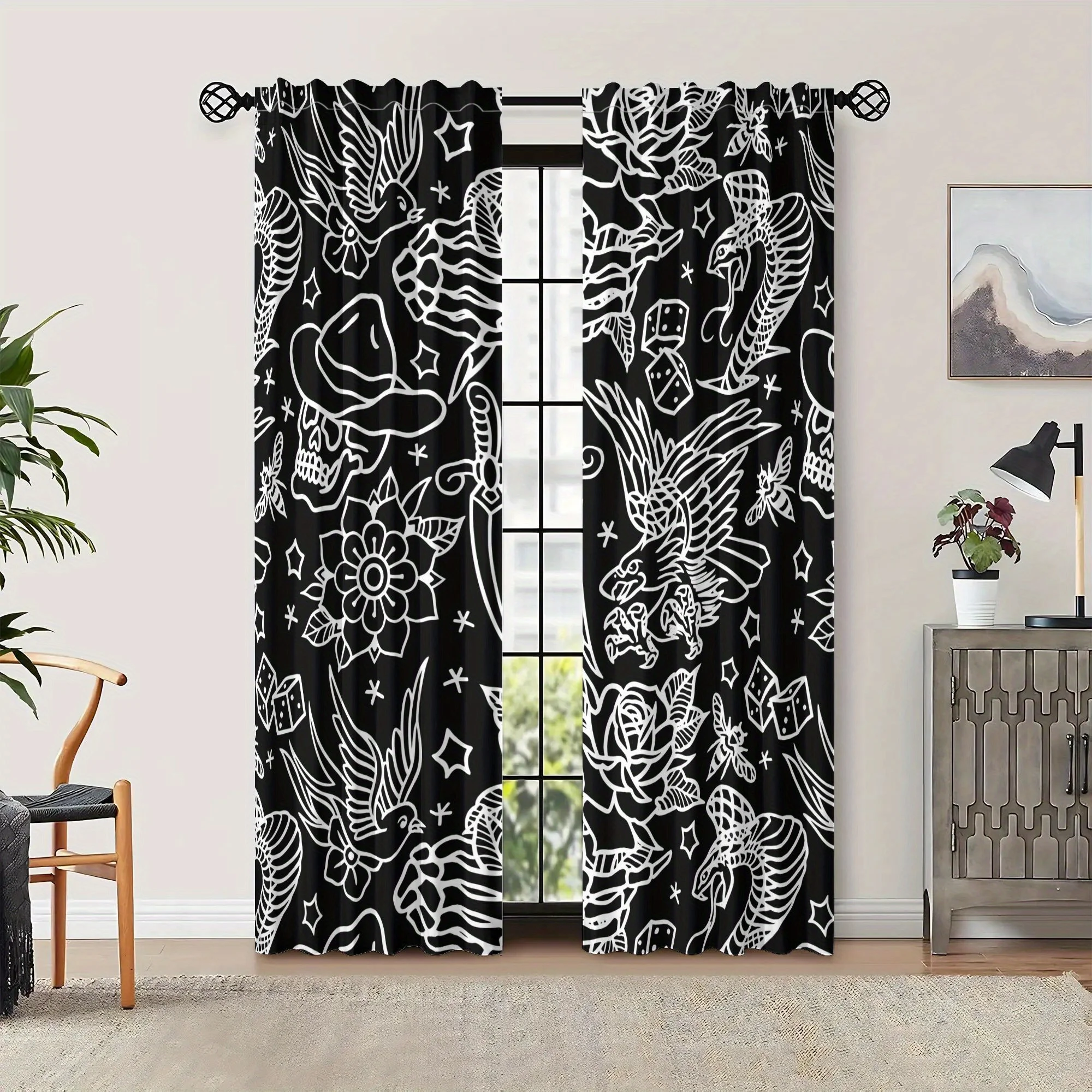 2pcs American Traditional Tattoo Design Black & White Curtains - Vintage Style  Polyester Light Blocking Machine Washable