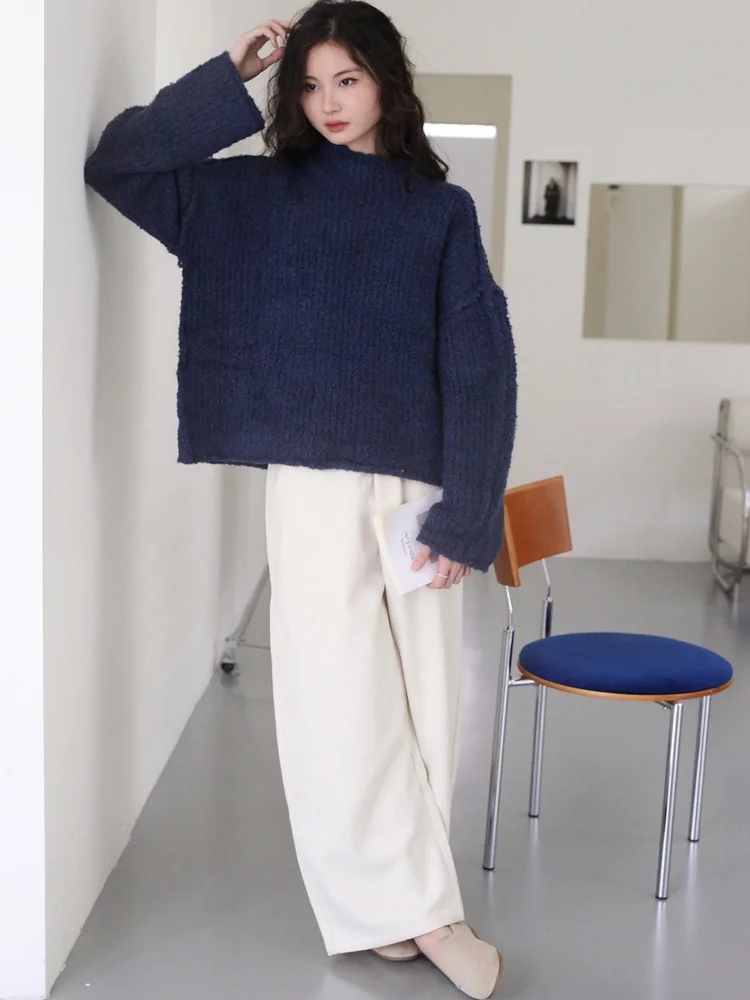 

Осенне-зимний утепленный шерстяной вязаный свитер в винтажном стиле, свободный крой, высокий воротник, длинный рукав, теплый топ, однотонная вязаная кофта для женщин