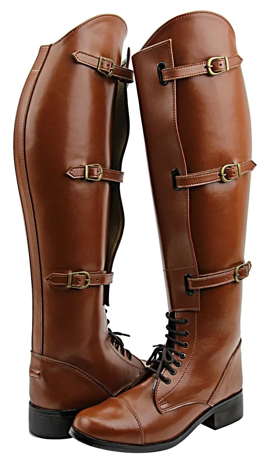 Herren Mode Runde Zehenkappe Schnürstiefel mit Schnallen Flache Kniestiefel für Männer Kreuzgebundene Motorradstiefel Vintage Reitstiefel in Unifarben – Detail 5