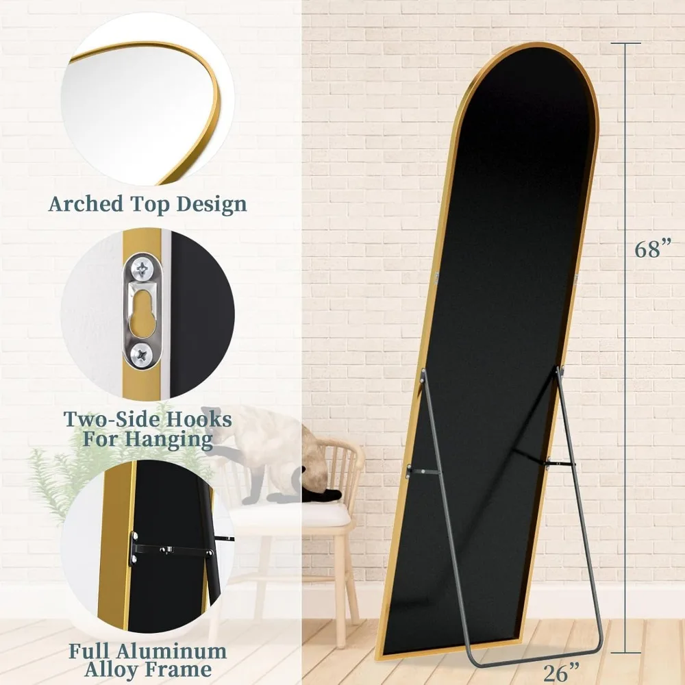 Grande espelho de chão arqueado, 68 x 26 espelhos emoldurados de alumínio de corpo inteiro, espelhos decorativos independentes para casa