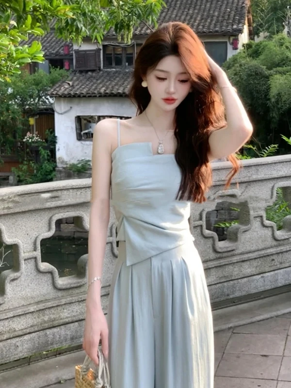 

Elegant High Waist Wide Leg Pants Two Piece Set Women's Summer Korean Style Casual Outfit Strap Top And Pants Ensemble