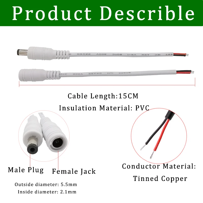 10Pair(20Pcs) White 5.5 x 2.1mm DC Power Supply Male Female Pigtail Cable Wire Connector Lock Buckle Adapter for LED Strip Light