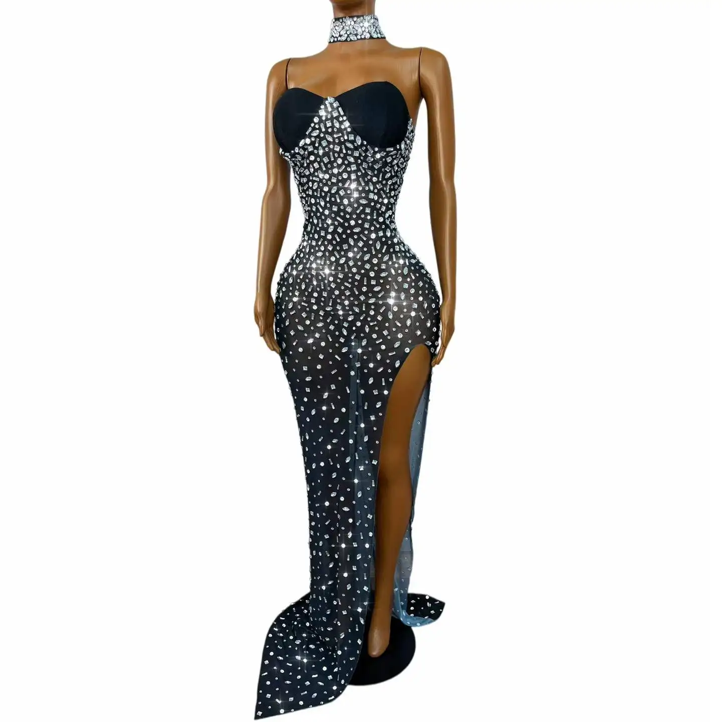 Luxurious Twinkling Rhinestones Neck giter Tube Mesh Dress Women Evening Birthday Wedding Elegant Gown Red carpet Stage Wear view 4