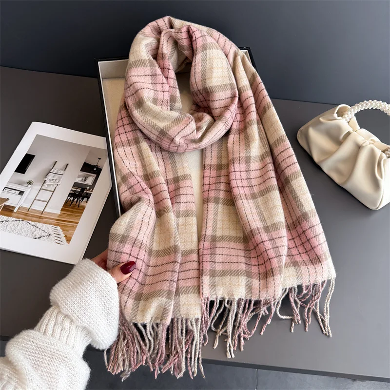 

Fashion Thick Scarf Cashmere Houndstooth Tassel Fall Winter Scarves Vintage Soft Shawl Wrap Neck Warmer for Lady Daily Wear Gift