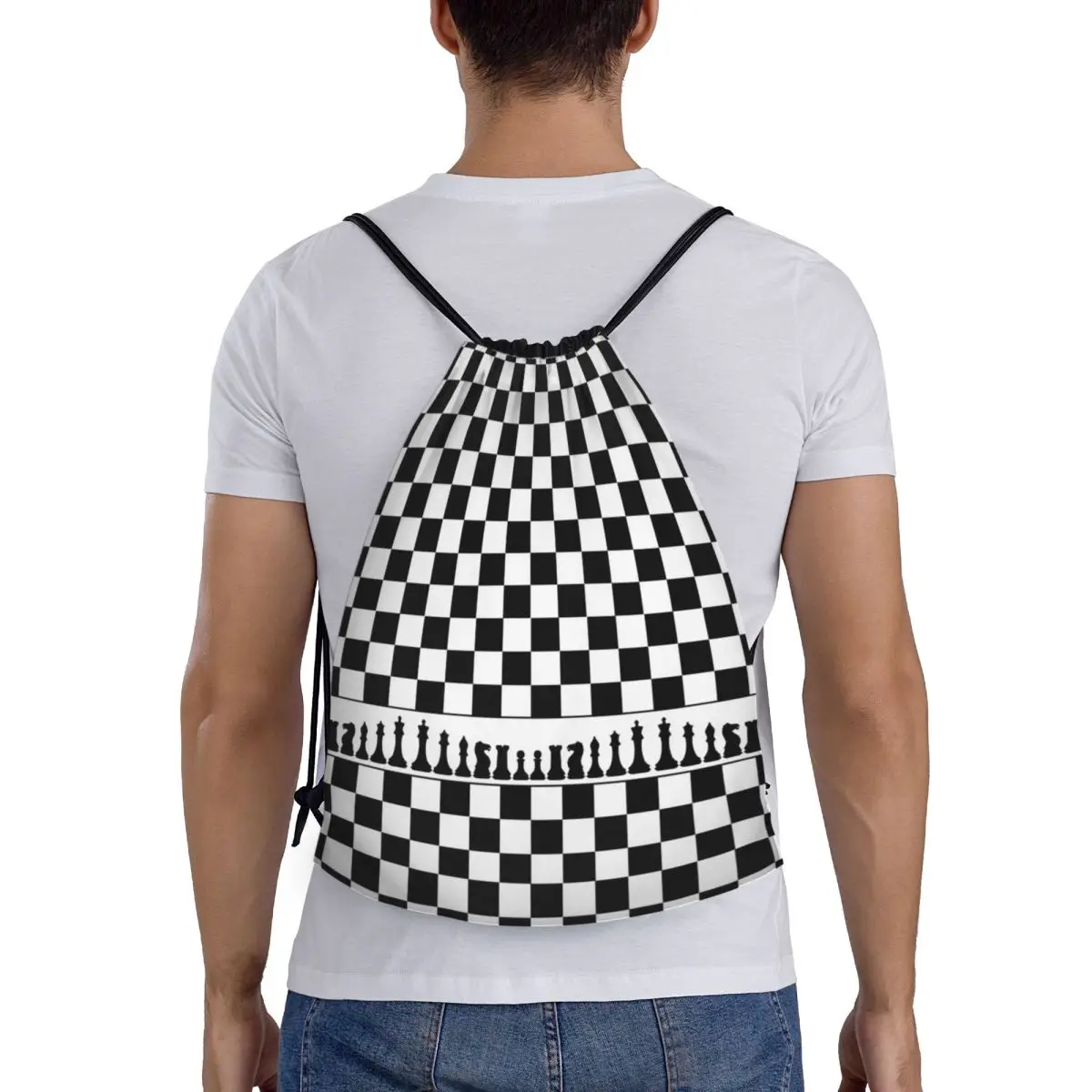 

Chess Board Black And White Grid Checkered Backpacks Portable Drawstring Bags Sports Bag Book Bags for Travel School