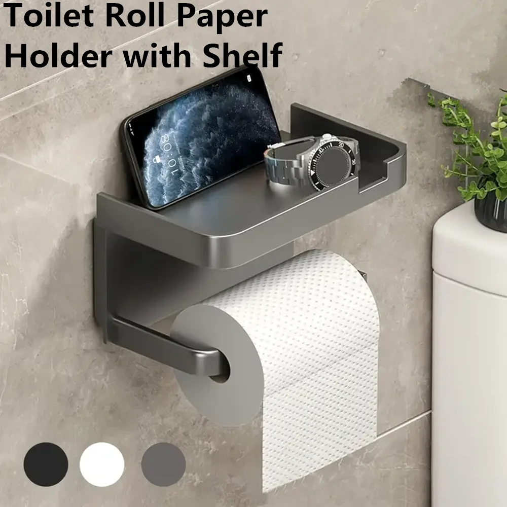 Wall Mounted Toilet Paper Holder Durable ABS Plastic No Drill Adhesive Tissue Rack Space Saving Storage Shelf Waterproof Materia