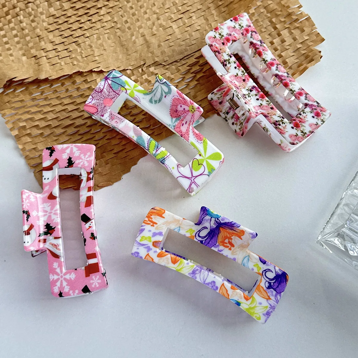 용수철 여름 꽃 사각 클립, 컬러 인쇄, 여성용 머리핀, 상어 클립, 헤어 액세서리, 신제품