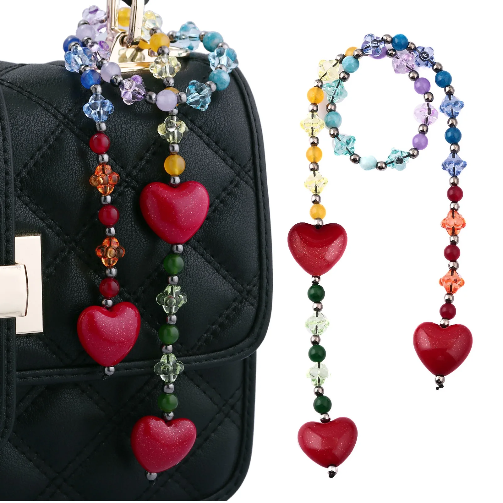 

45cm Y2K Keychain Resin Beads Strings Love Heart Decoration Pendant Handbag Charm Accessories