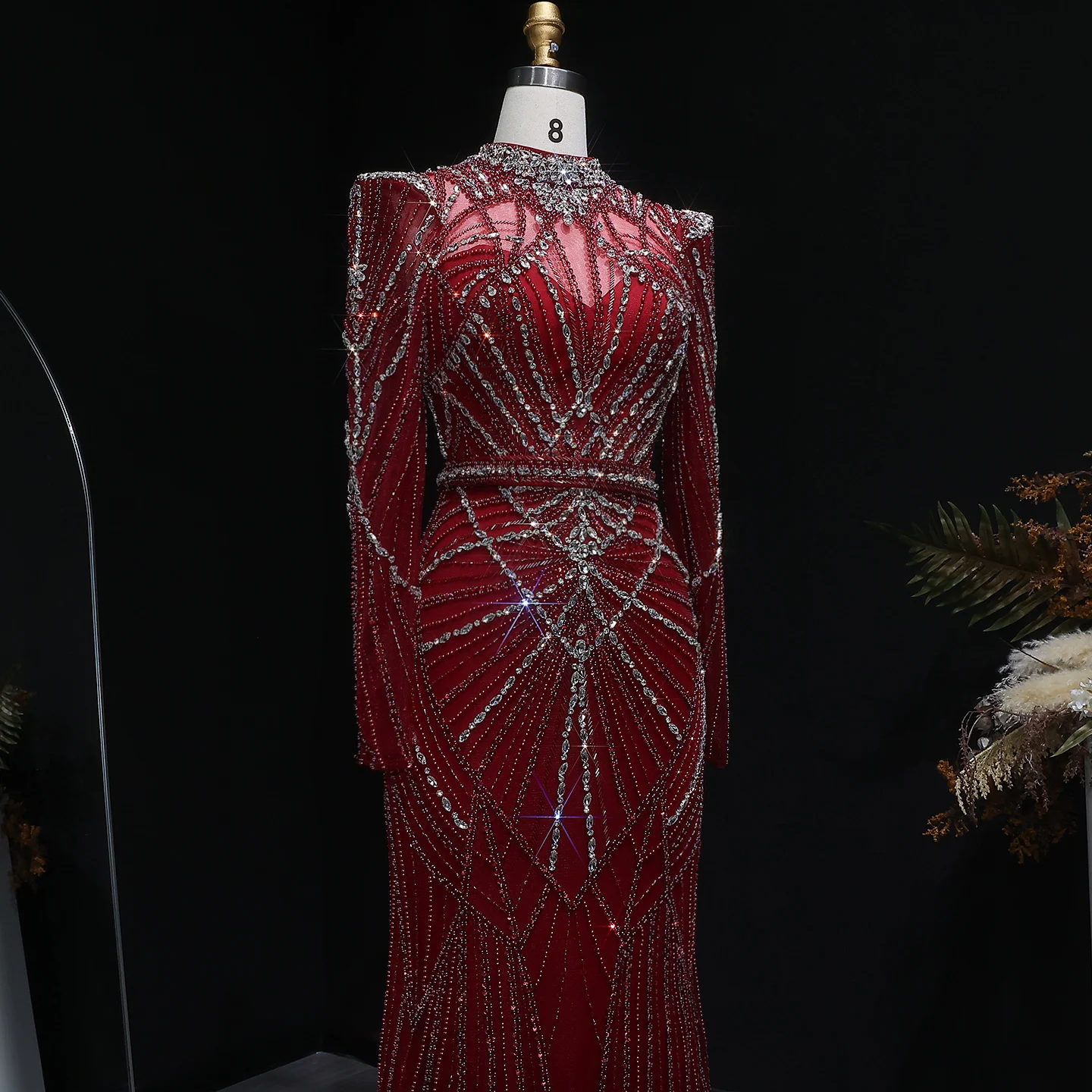 Sharon Said Luxuriöses Weinrotes Abendkleid mit Perlen-Kristall-Verzierung Elegantes Champagner-Festkleid für Damen SS186 Maßanfertigung – Detail 16