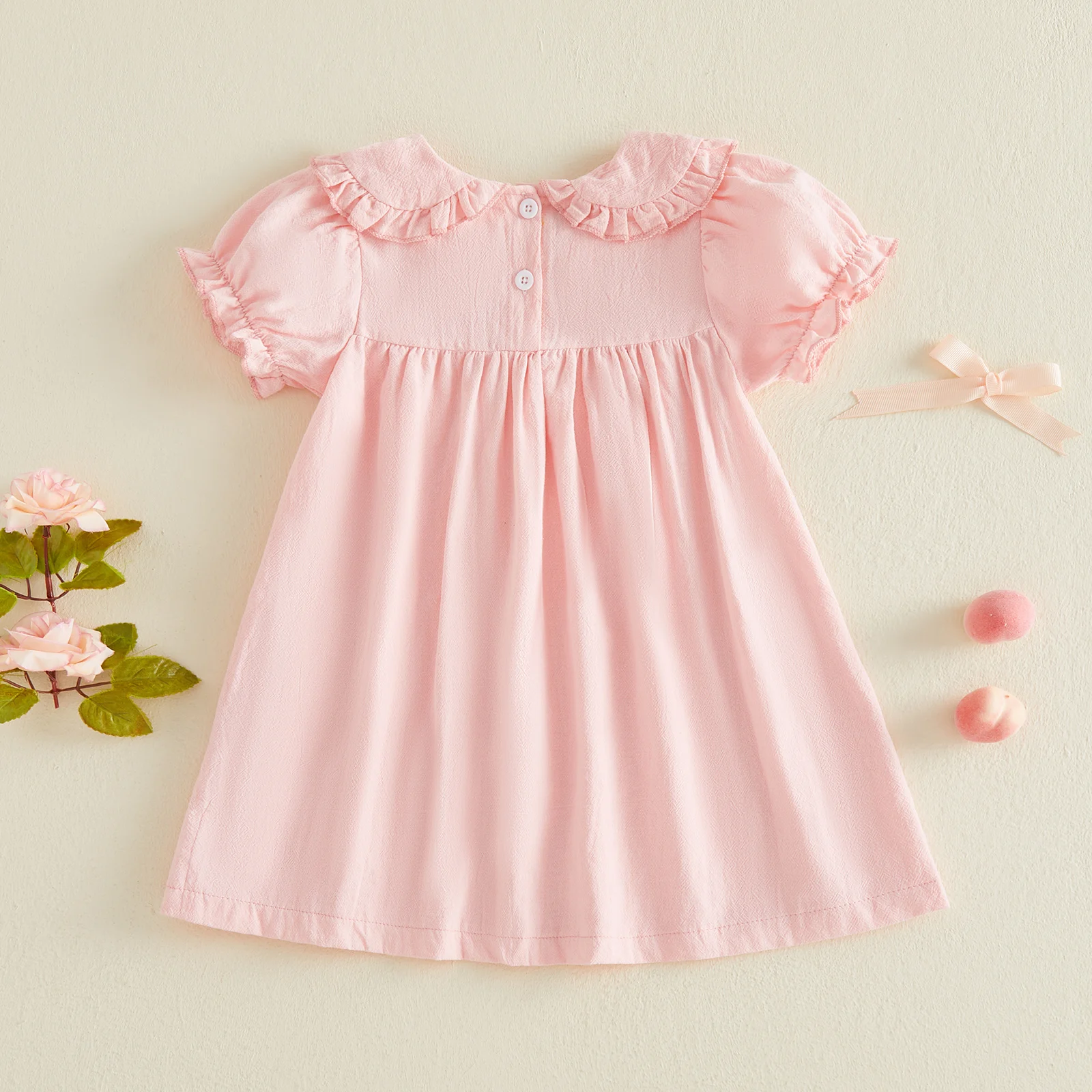 Toddler Baby Girl Summer Dress A Line Casual Solid Color Ruffled Trim Doll Collar Short Sleeve Dress Sundress