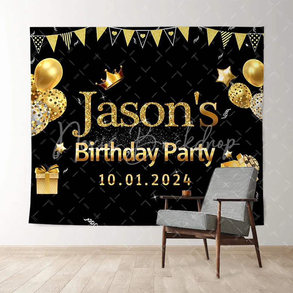 

Personalized Gold Balloons Black Birthday Backdrop for Party, Shiny Photography Background Photo Booth Props Decor