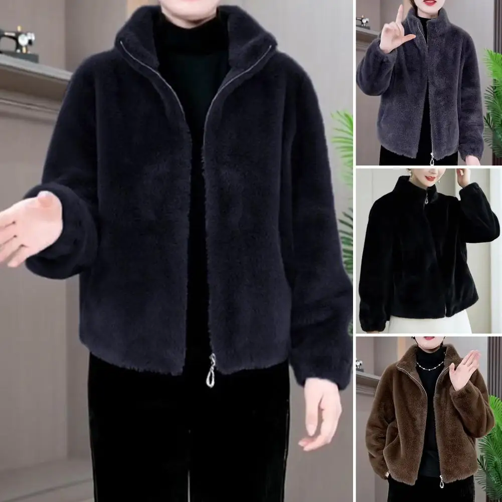 Faux Fur Jacket Stylish Women's Winter Coat with Faux Fur Collar Zip-up Cardigan Long Sleeves Cold-proof Outerwear for School