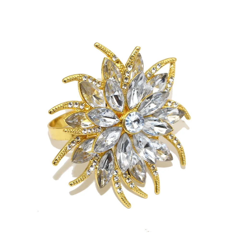 6Pcs Gold Lotus Napkin Rings Crystal Rhinestone Flower Napkins Holders for Wedding Christmas Party Home Kitchen Table Decoration