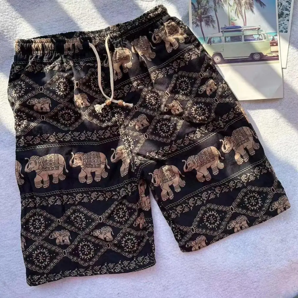 Elephant Motif Men Bottoms Elephant Pattern Men's Summer Beach Shorts with Elastic Waist Drawstring for Casual Comfort Quick