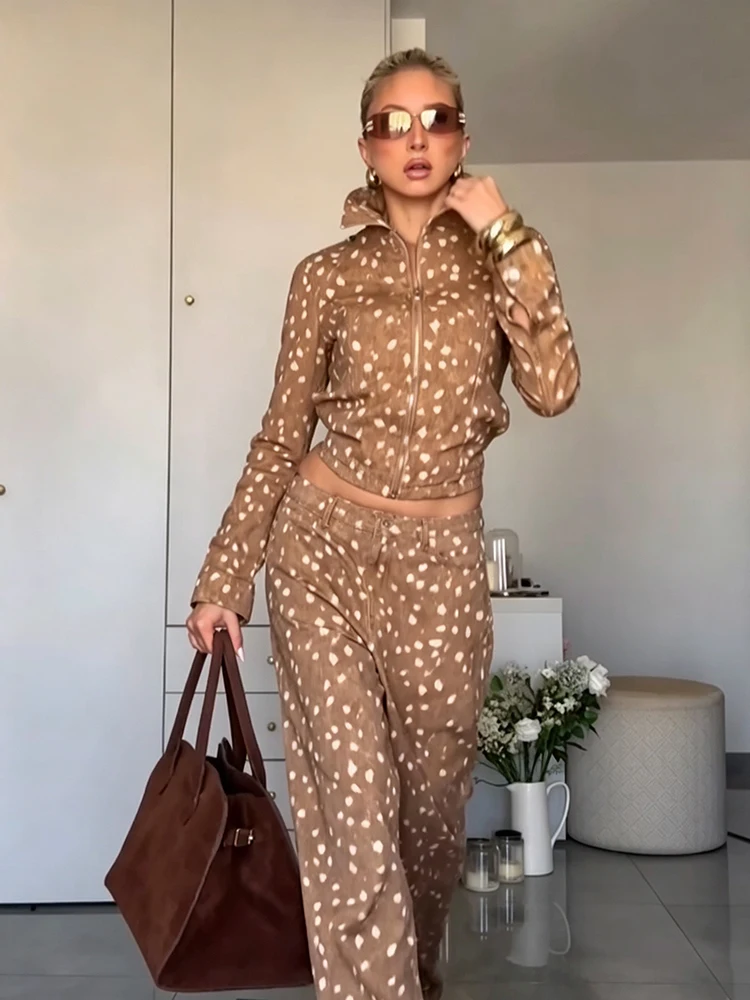 Retro Amerikanischer Hirsch-Punktdruck 2-Teiliges Outfit Reißverschluss-Jacke Knopflose Weite Hose 2026 Winter Neue Lässige Damen-Hosen-Sets – Detail 1