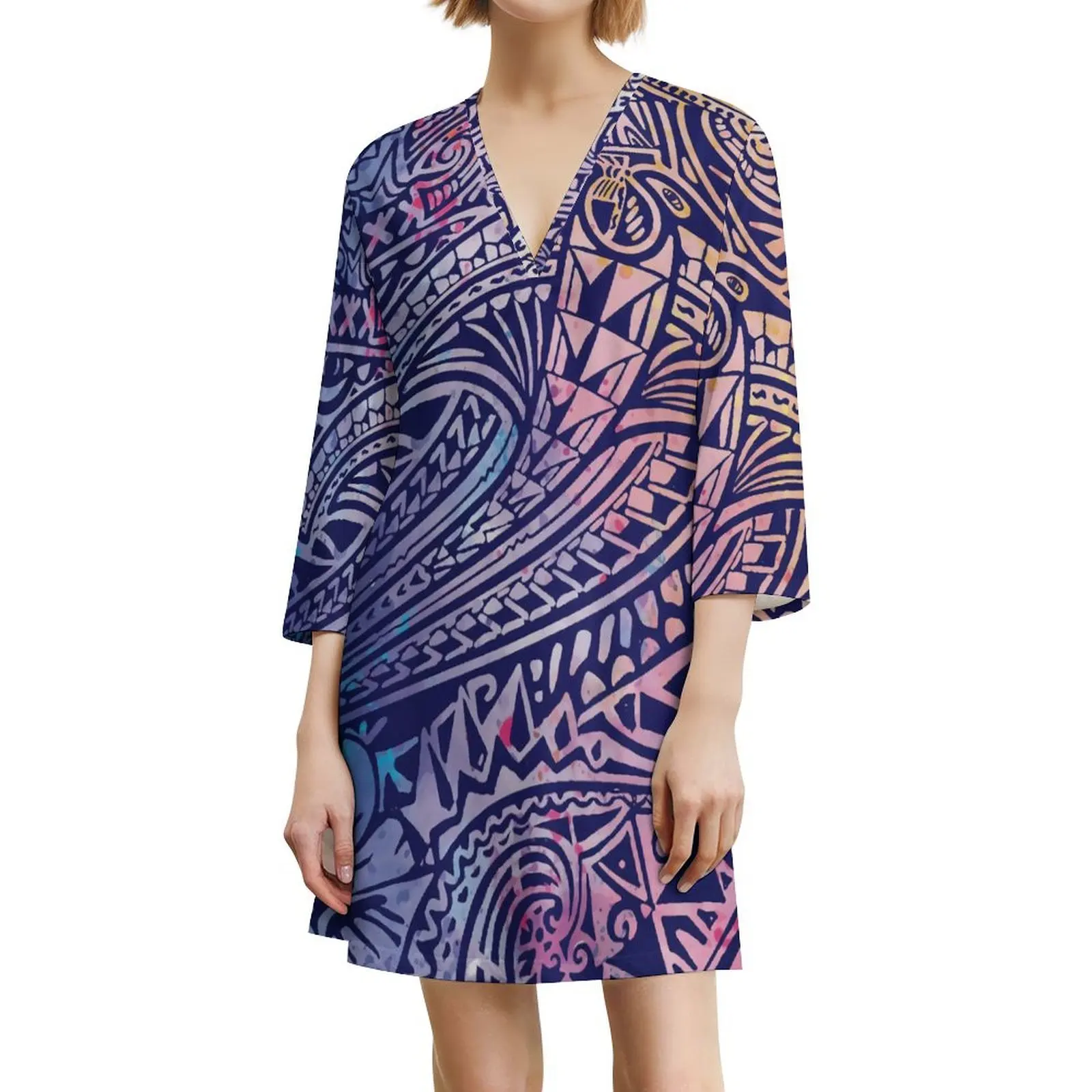 Casual Loose Dress For The Daily Commuter Party Wear An Elegant V-Neck Dress With A Traditional Polynesian Tribal Print Pattern