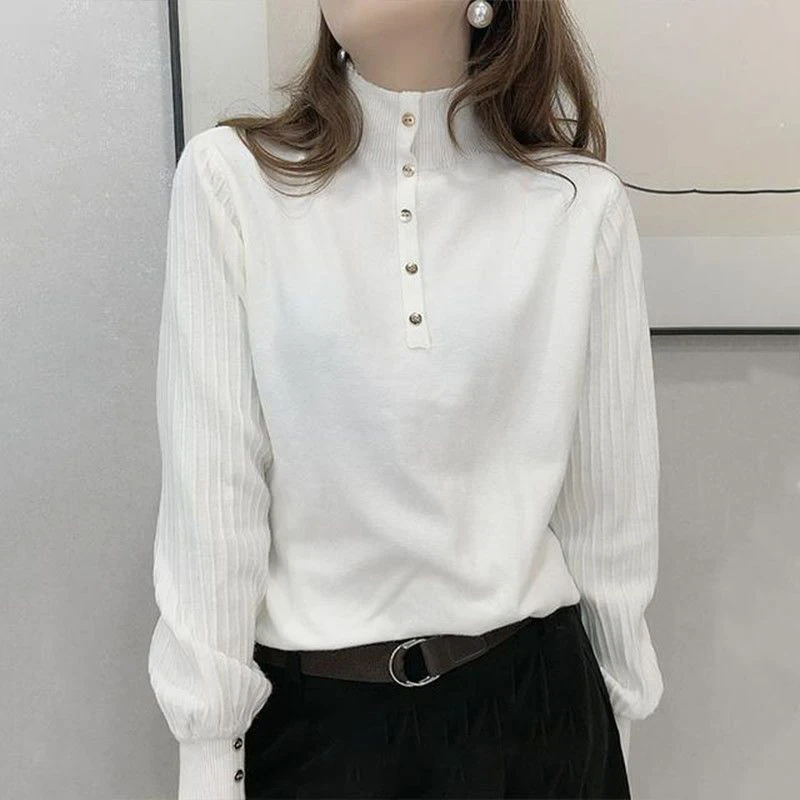 Autumn Winter Half High Collar Elegant Fashion Solid Bottoming Sweater Female Lantern Sleeve Knitting Jumper Loose Pullover Top