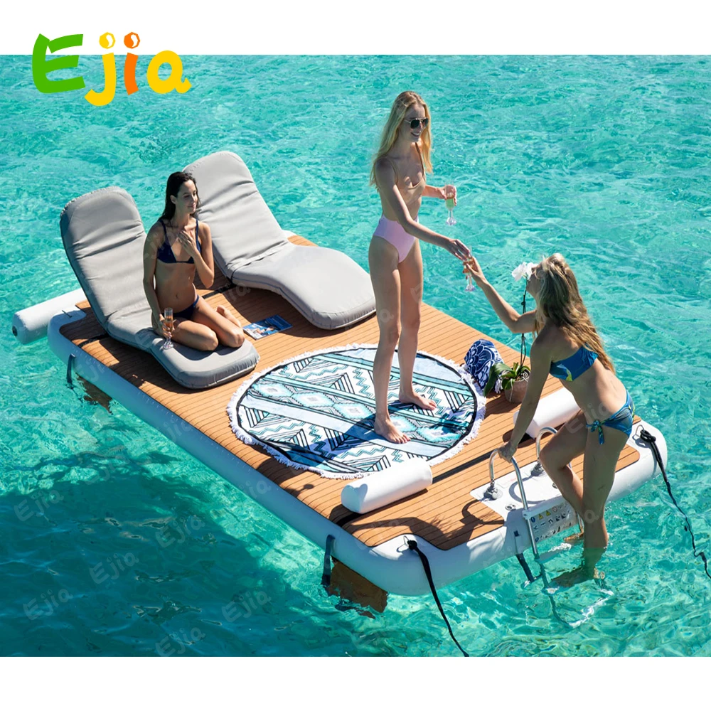 Hot  2/3/3.5m Inflatable  Square ShapeTeak Wood Anti-slip EVA Yacht Inflatable Floating Docks For Jet Ski Water Sports