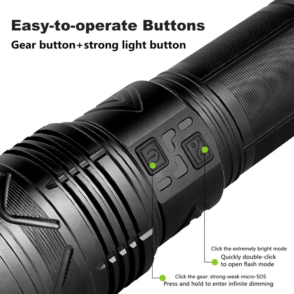 Powerful LED Flashlight 100W GT60 Tactical Torch Rechargeable Zoomable Emergency Spotlight Long Range Outdoor Camping Lantern