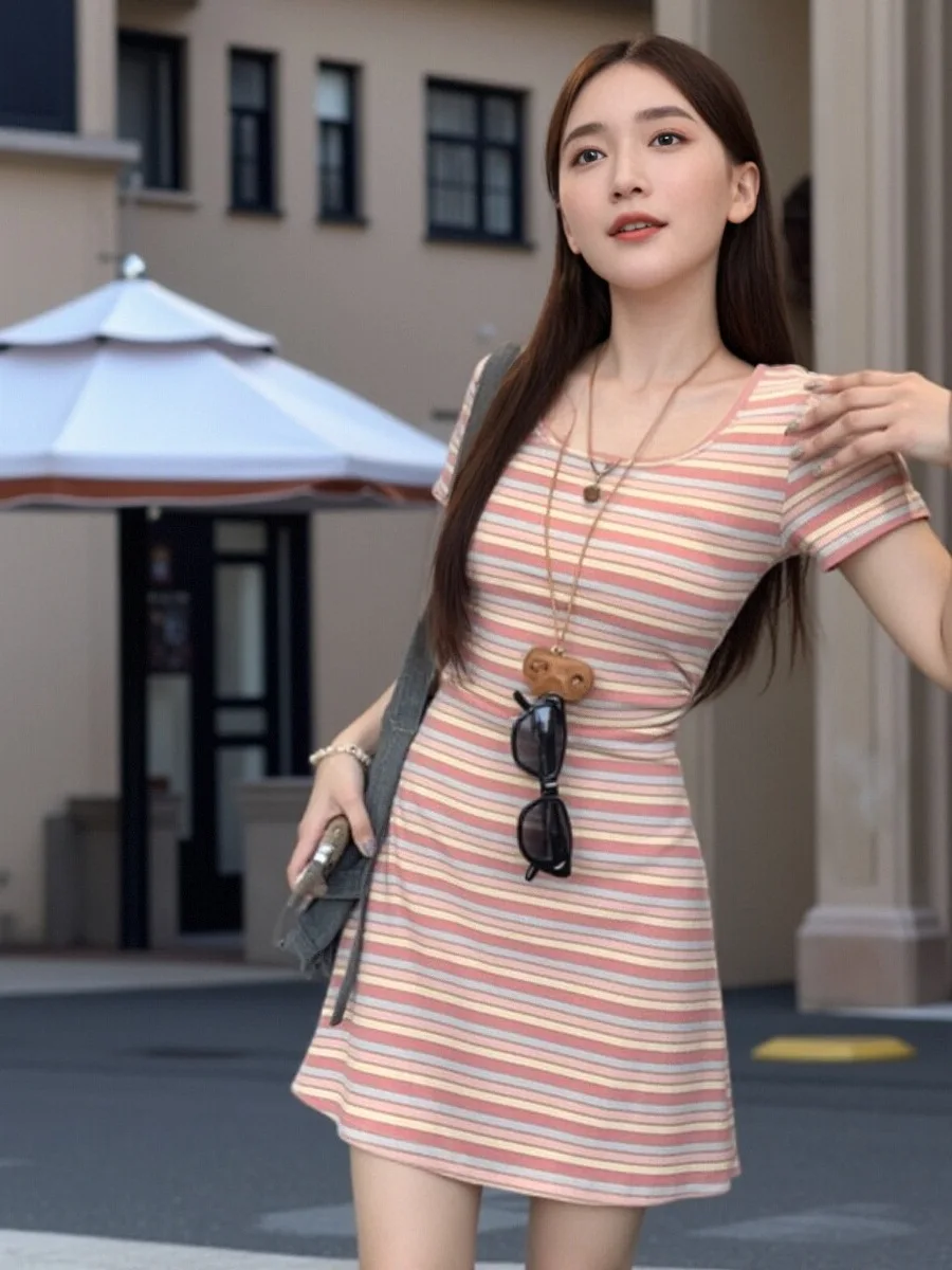 Été nouveau T-shirt mi-long Dr femmes ort-save coupe ajustée taille couchée rayé Faionable trajet Sle Dr