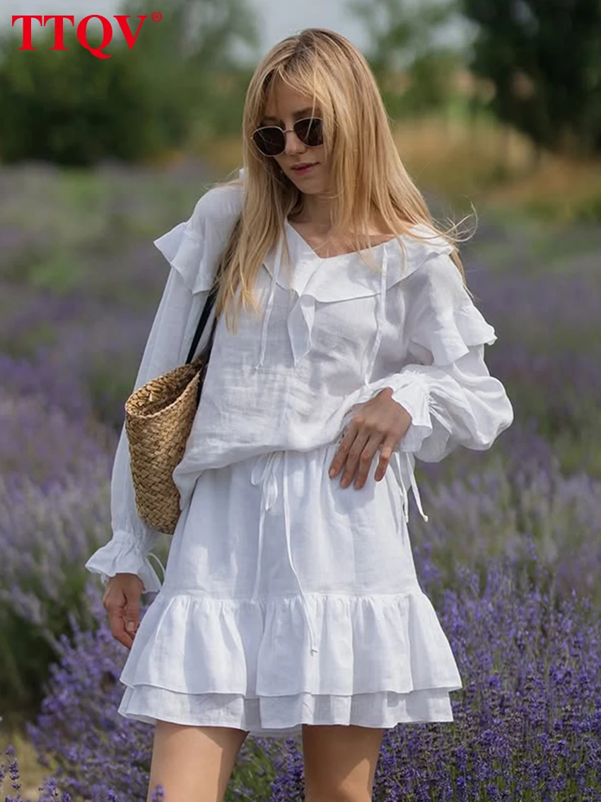 

TTQV Fashion Loose White Cotton 2 Piece Set Women 2026 Elegant Long Sleeve Shirt With High Waist Pleated Mini Skirt Set Female