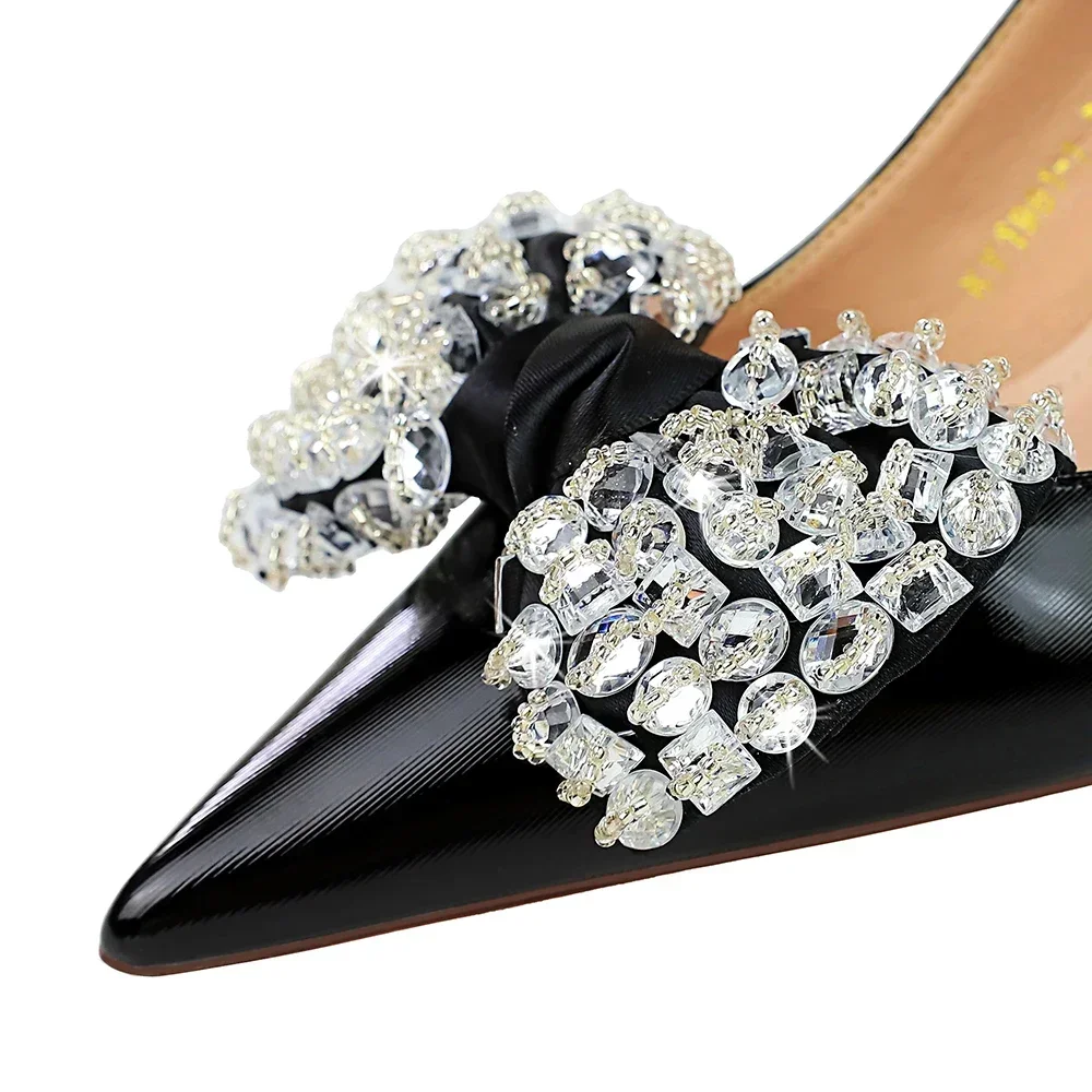 Plus Size Women 5.5cm High Heels Pink Green Cinderella Pumps Lady Luxury Rhinestone Butterfly Knots Party Low Kitten Heels Shoes