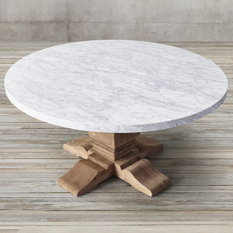 

Natural marble round table, new Chinese dining table, solid wood foot dining table, modern simple household