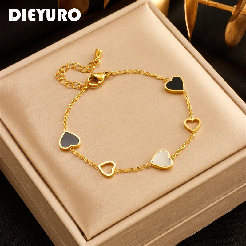 DIEYURO 316L Bransoletka ze stali nierdzewnej Heart Love Charm dla kobiet Dziewczyna Nowy trend Bransoletki Nieblaknąca biżuteria Prezent urodzinowy Impreza