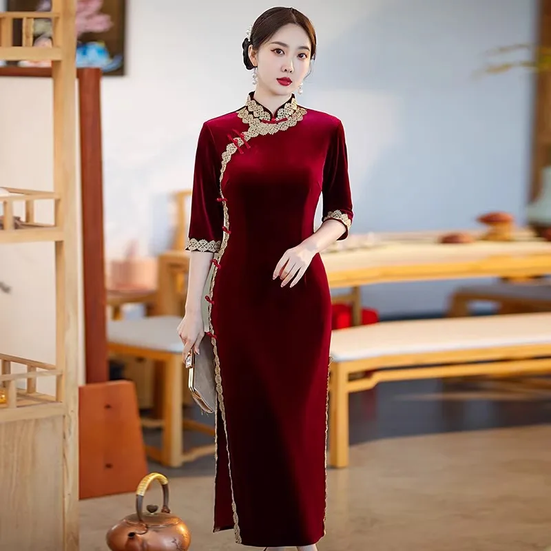 

Red Velvet National Style New Chinese Style Long Cheongsam Autumn Long Sleeved Modified Cheongsam Women's Retro Long Skirt