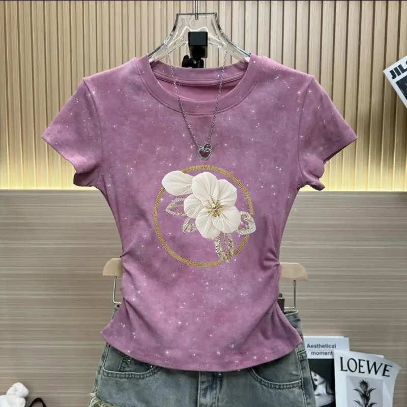 

Retro printed short-sleeved T-shirt women's summer new design national wind casual tie-dyed pleated slim short top