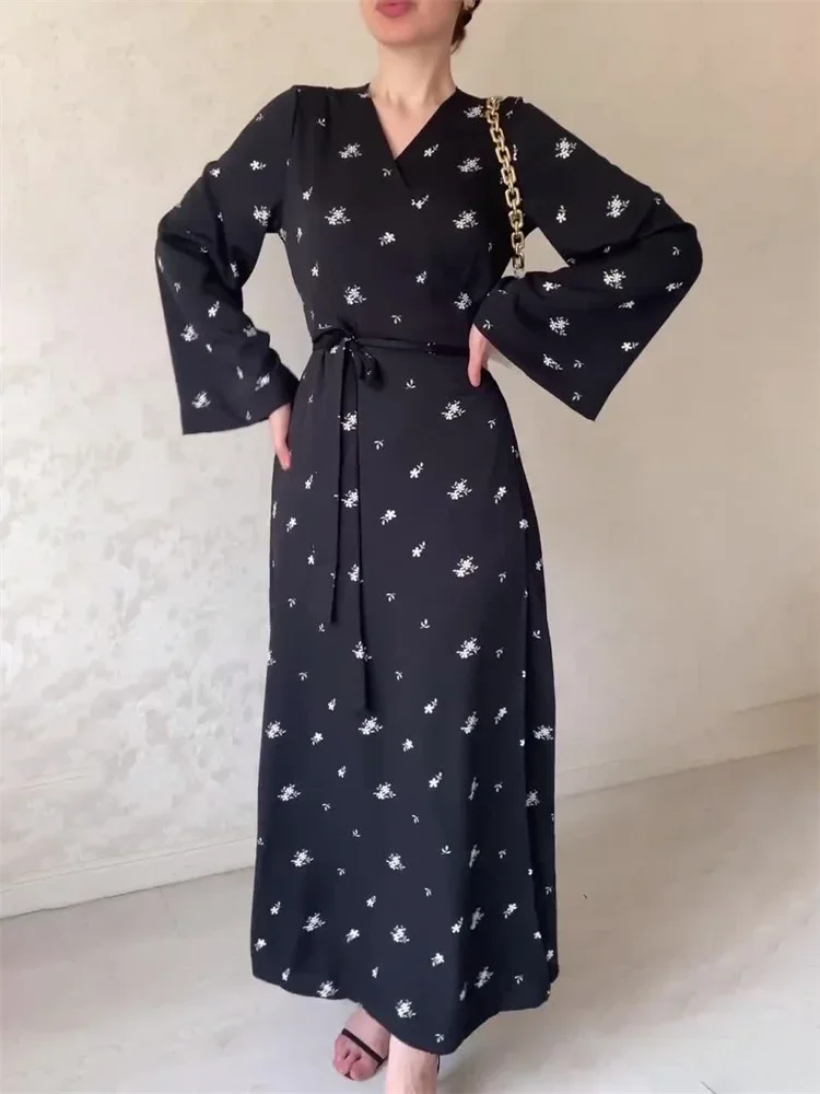 

Printed Bandage Elegant Maxi Dress For Women V-Neck Patchwork Fashion High Waist Lace-Up Party Looks Long Dress 2024 New