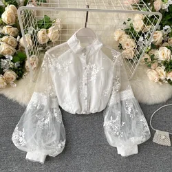 Women French Mesh Lace Blouse Stand Collar Three-dimensional Embroidered Puff Sleeves Court Style Slim Shirt Female Blusa PL610