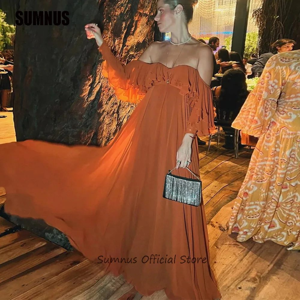 

SUMNUS Vintage Chiffon Evening Dresses Ruffles Neck Off The Shoulder Formal Party Dress Homecoming Orange Casual Prom Gowns 2024