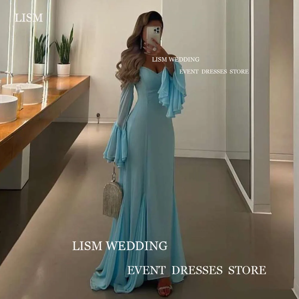 LISM Sky Blue Party Gowns Off The Shoulder Sweetheart Long Flare Sleeves Evening Dresses Saudi Arabia Women Formal Prom Dress