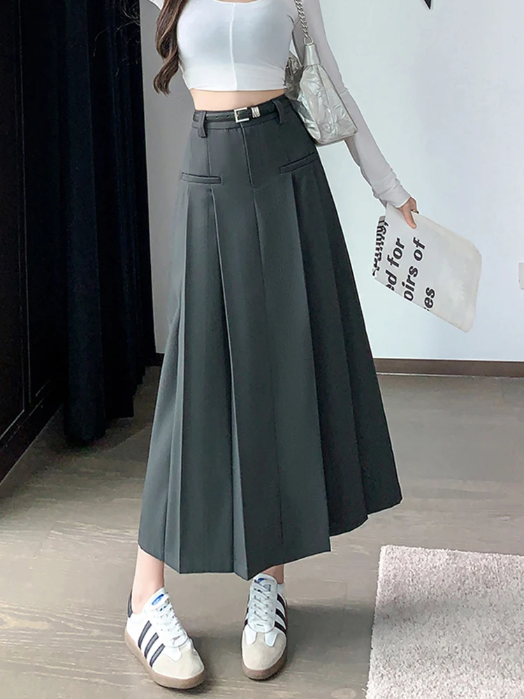 

Юбка-миди с высокой талией, плиссированная, А-силуэт, для женщин, весенняя, модная, повседневная, стройнящая, скрывающая бедра